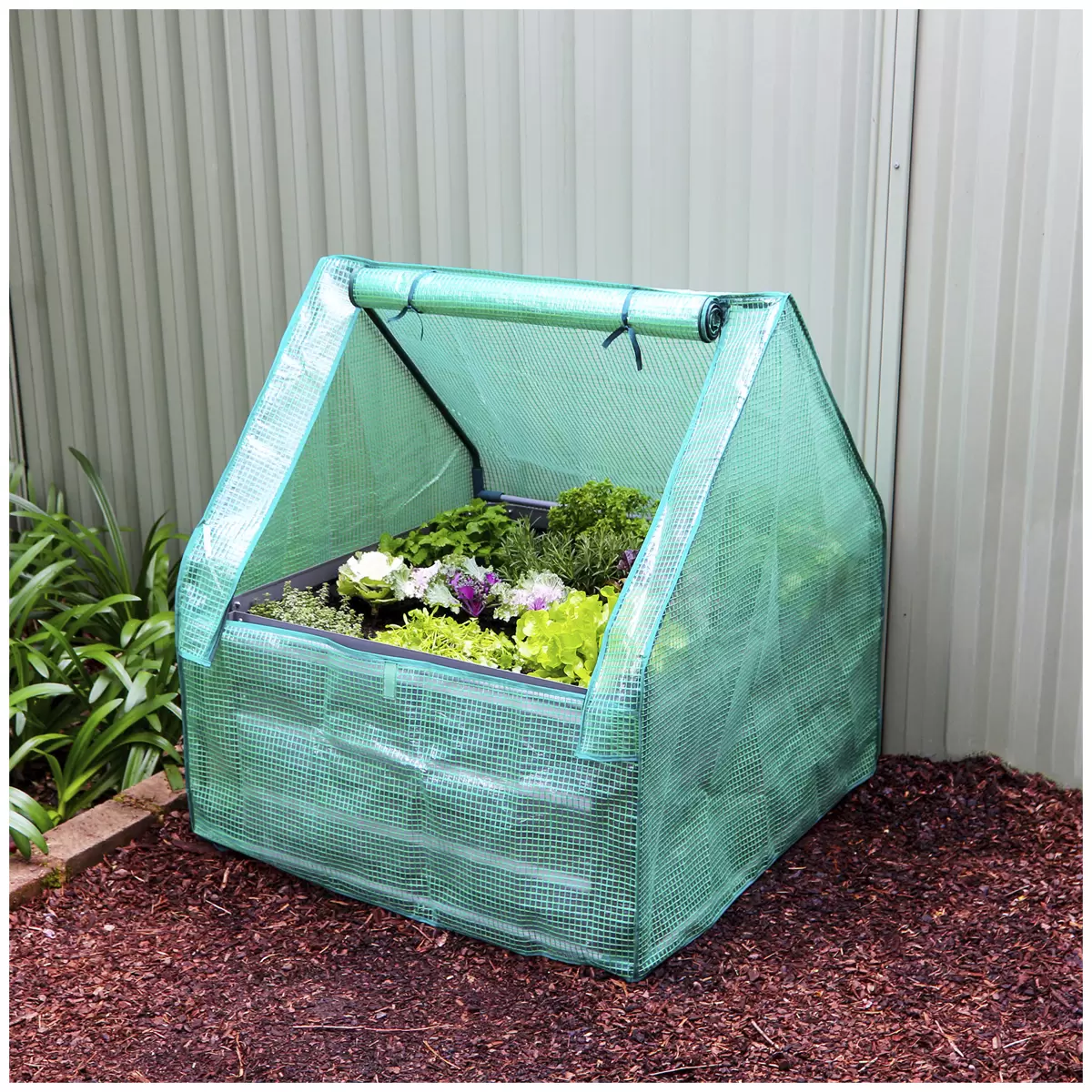 Greenlife Raised Garden Bed Slate Grey with Drop Over Greenhouse 85 x 85 x 45 cm