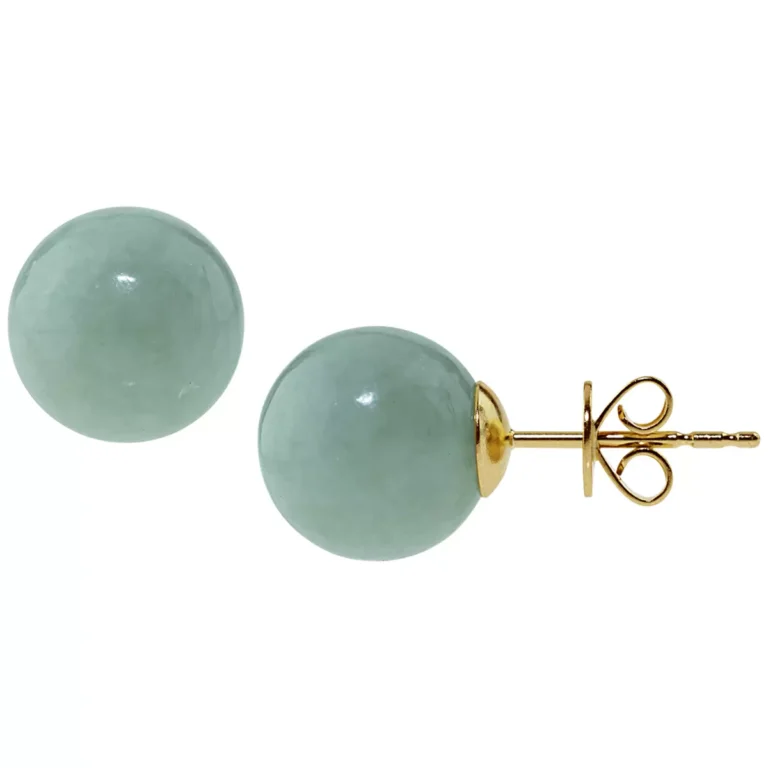 14KT Yellow Gold Natural Jade Round Stud Earrings