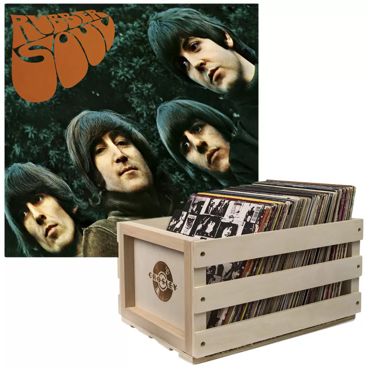 Crosley Record Crate and The Beatles Rubber Soul Double Vinyl Bundle