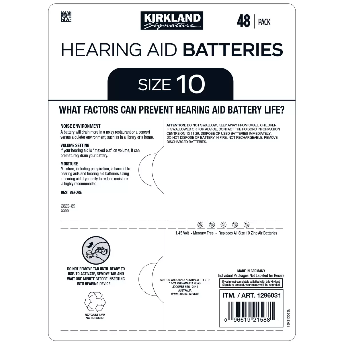 Kirkland Signature Hearing Aid Batteries Size 10 2x48 pack