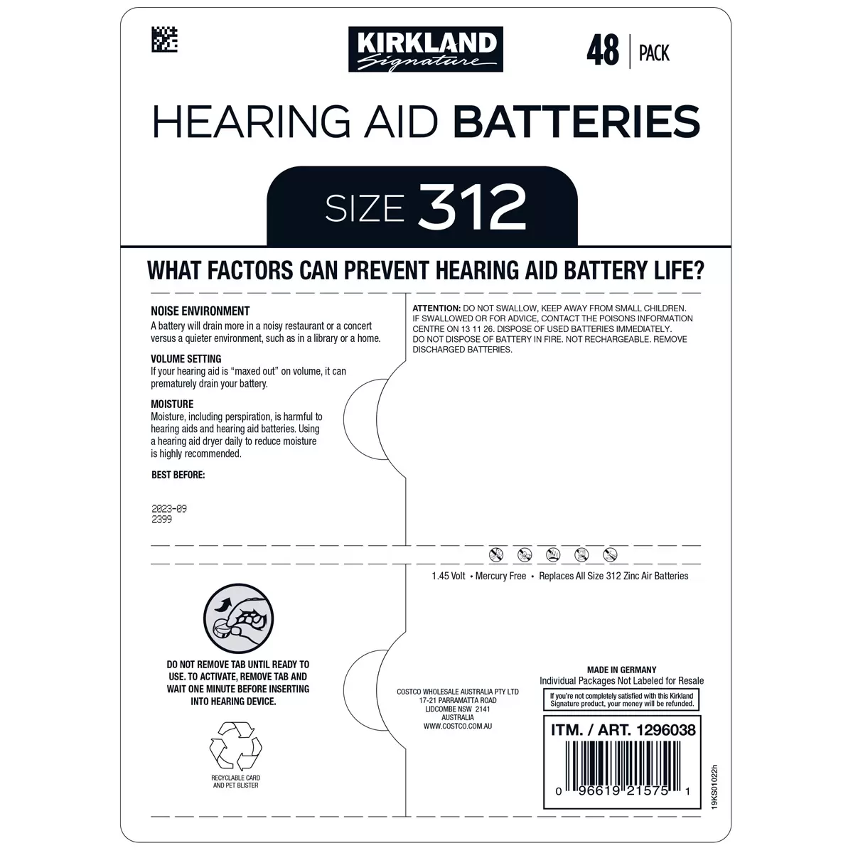 Kirkland Signature Hearing Aid Batteries Size 312 2x48 pack