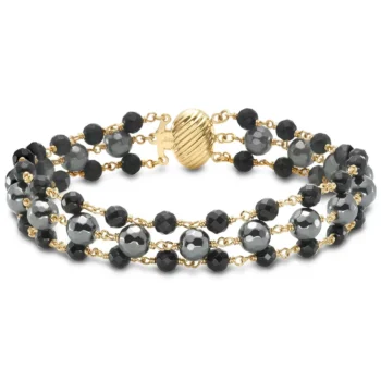 14KT Yellow Gold Hematite Black Onyx Bracelet 3-Row