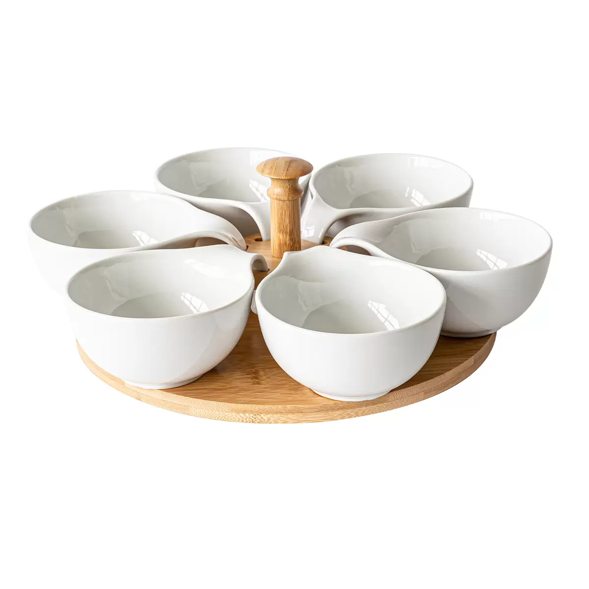 overandback Lazy Susan Bamboo Base with Porcelain Dishes Set 7 Piece