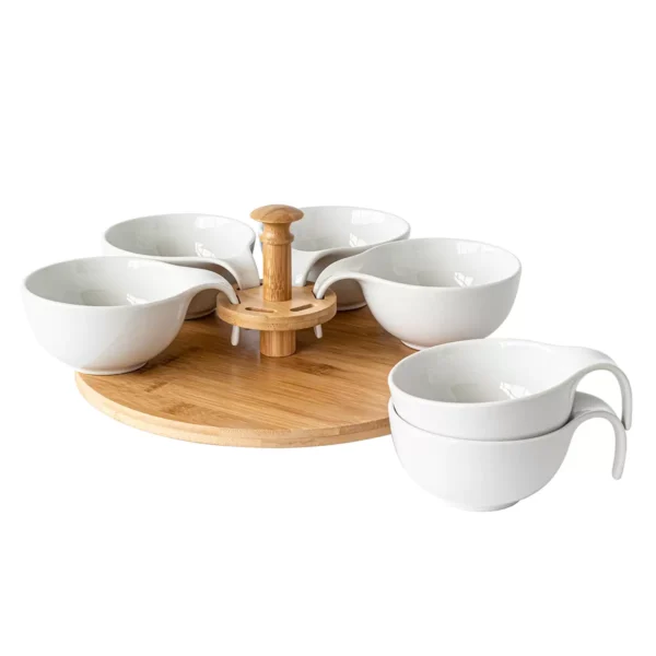 Overandback Bamboo Lazy Susan with 6 Porcelain Dishes