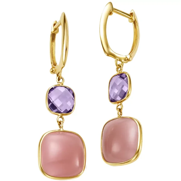 14KT Yellow Gold Amethyst Pink Guava Quartz Bezel Drop Earrings