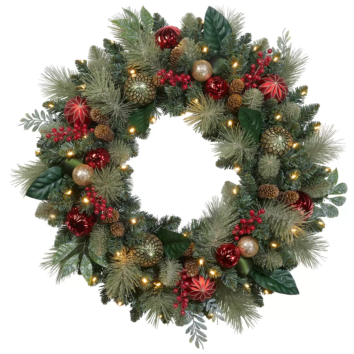 Pre-Lit Decorated Wreath Red Gold 76.2cm