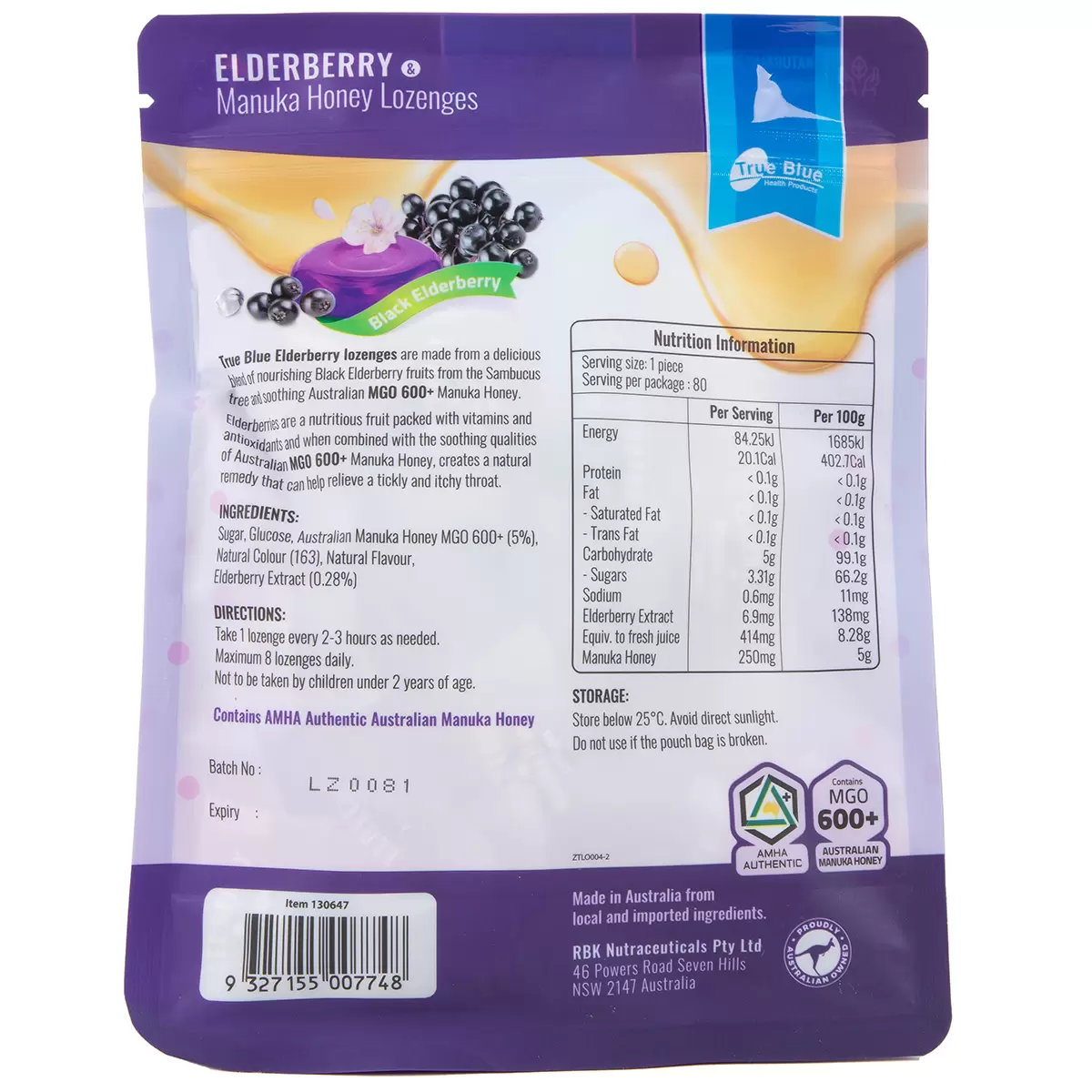 True Blue Elderberry & Manuka Honey Lozenges 400g