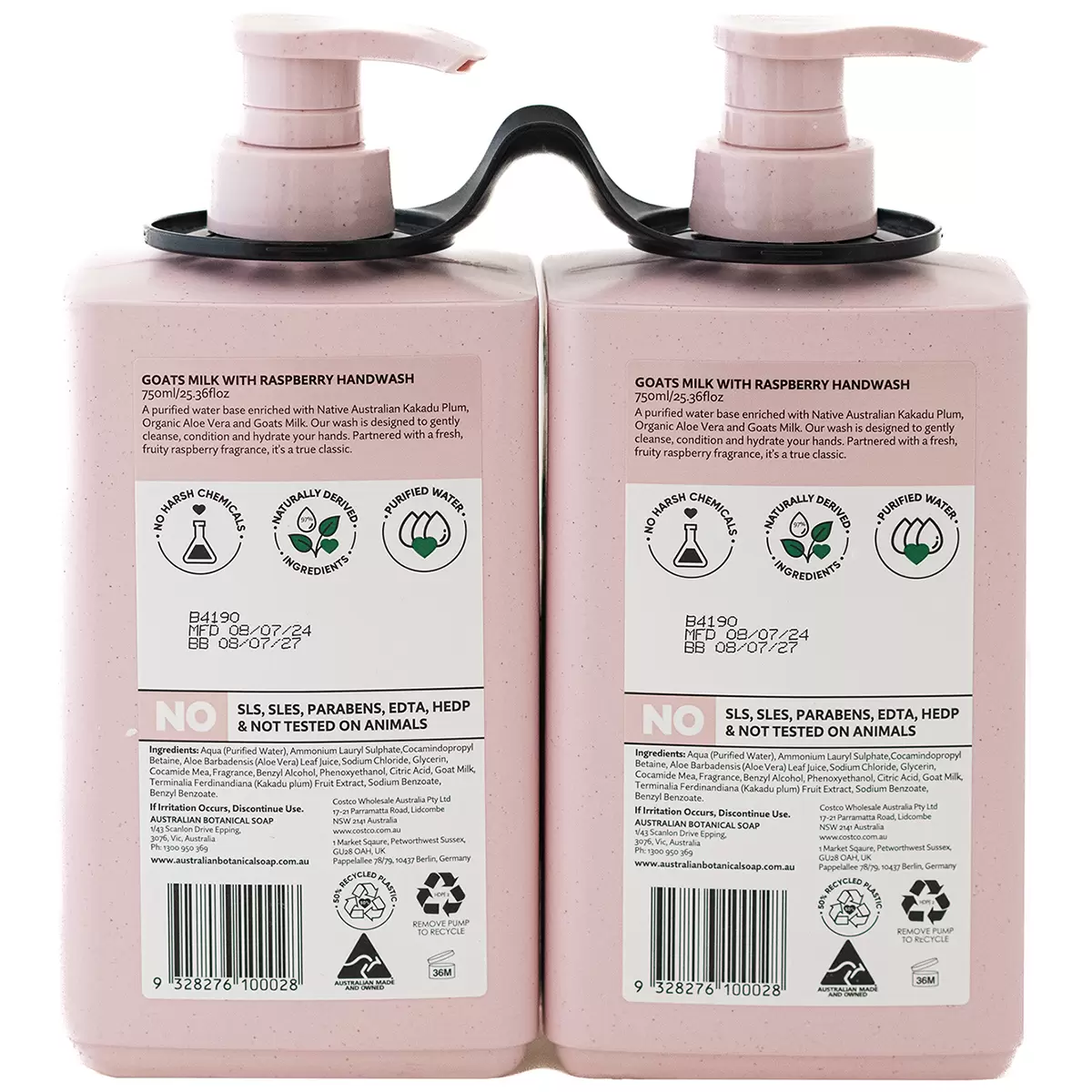 Australian Botanical Soap Hand Wash 2 x 750ml Goats Milk With Raspberry