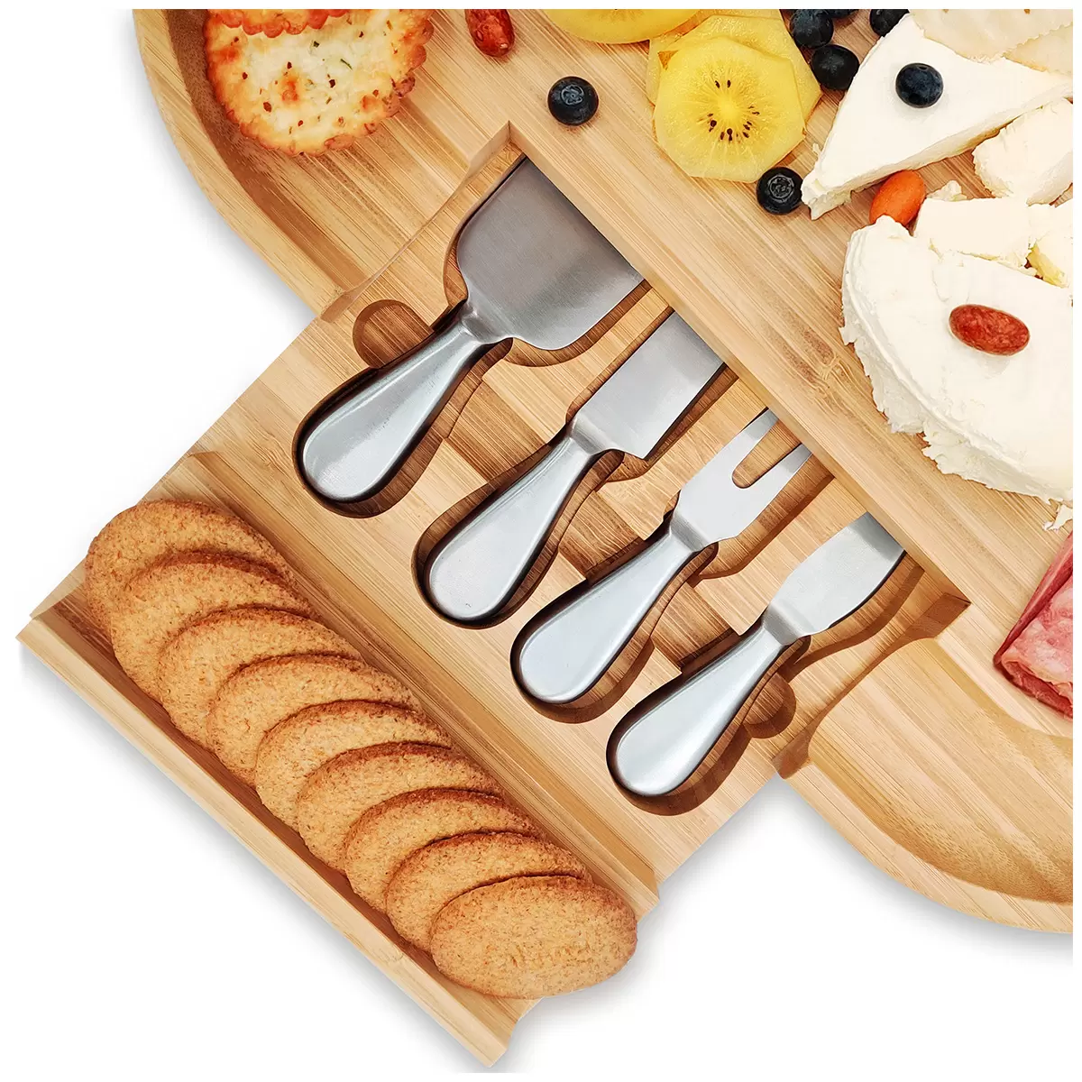 Bamboo Cheese Board with 4 Stainless Steel Serving Tools