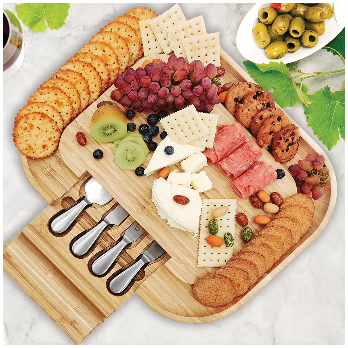 Bamboo Cheese Board with 4 Stainless Steel Serving Tools