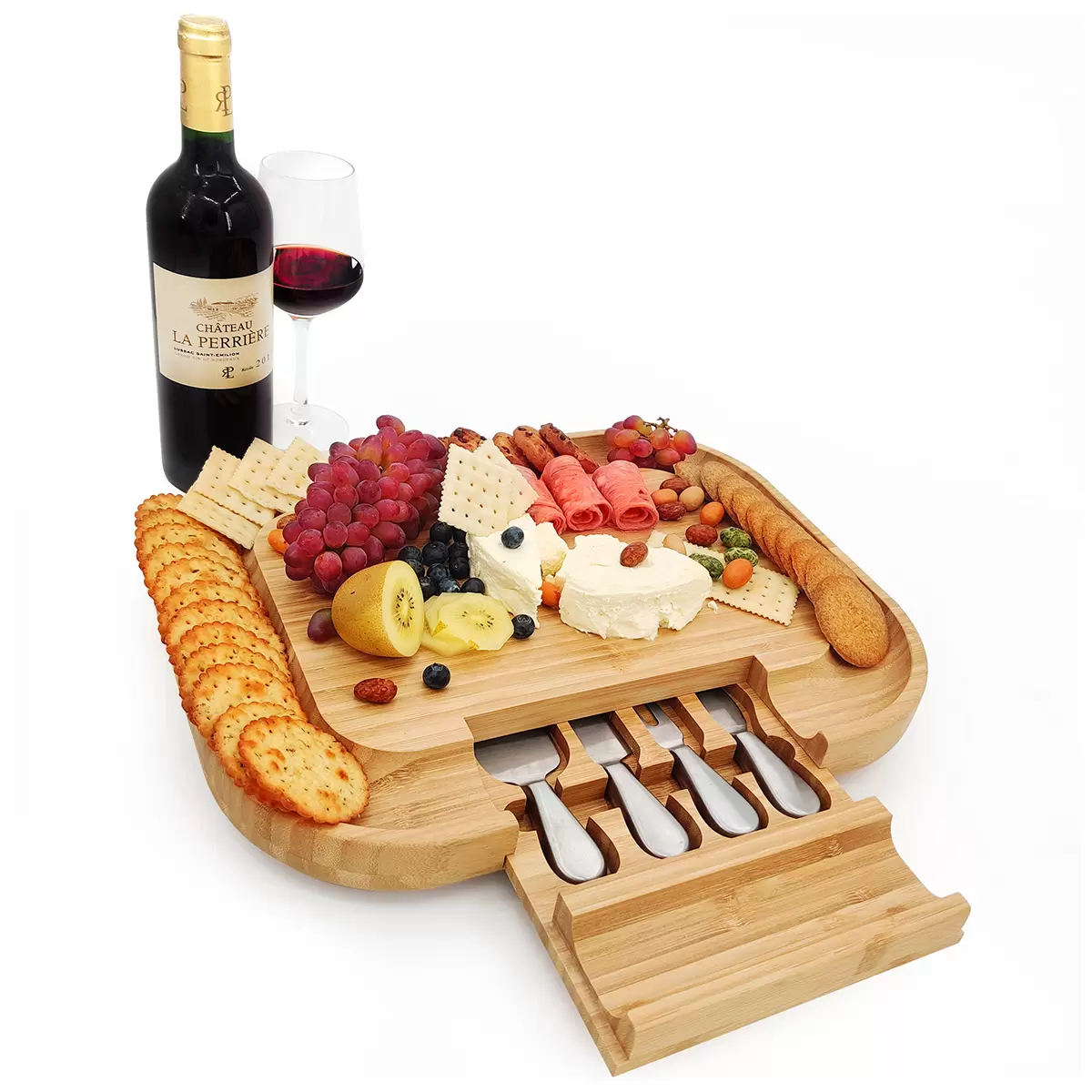 Bamboo Cheese Board with 4 Stainless Steel Serving Tools